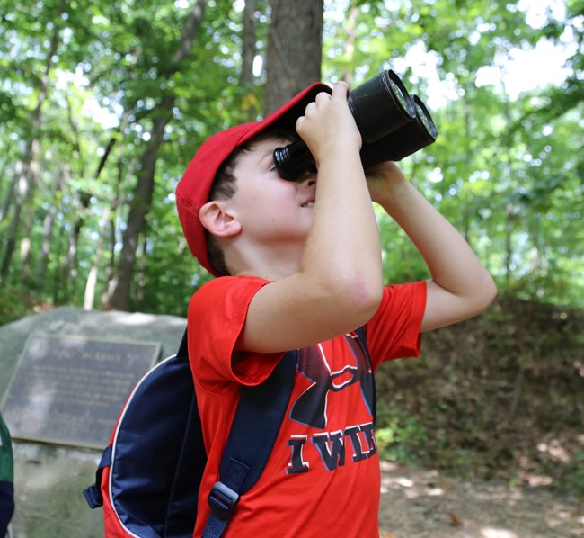 a young person looking upward toward the trees through binoculars