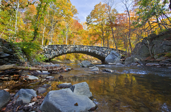 A creek runs under a bridge made of large stones. There is fall foliage present in the trees with the background.