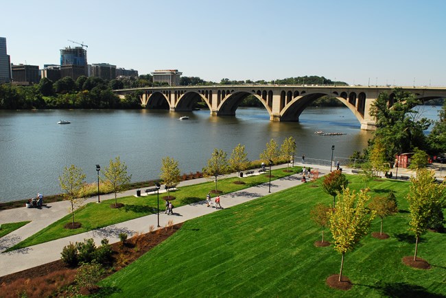 birds' eye view of an urban park next to the river