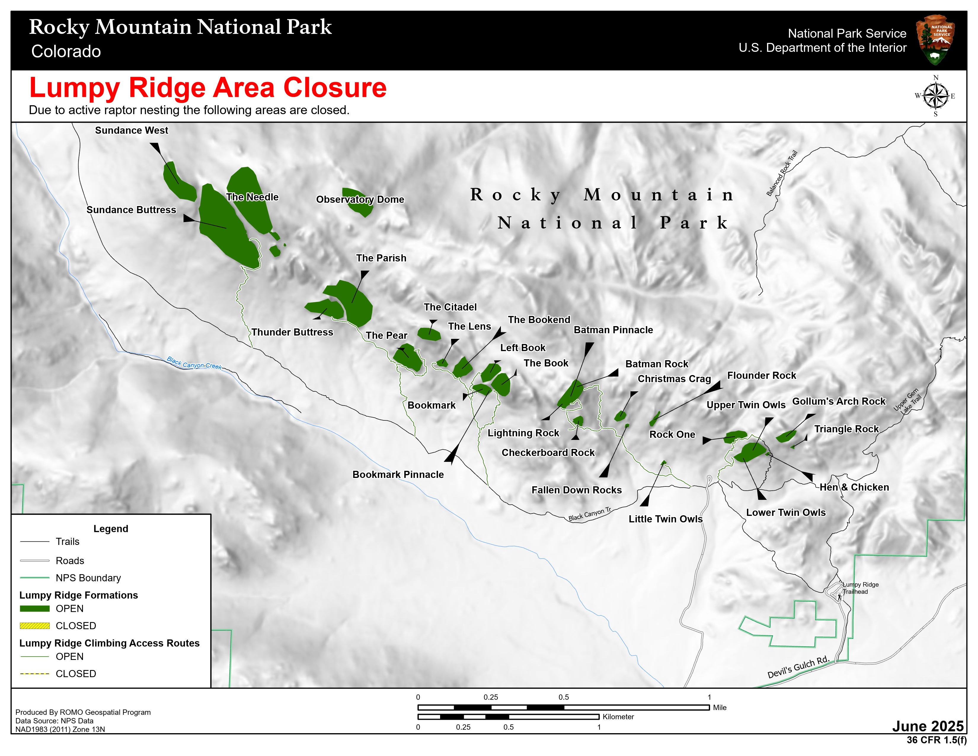 Map of Lumpy Ridge showing that the 2025 raptor closures have been lifted for all routes as of July 16, 2025