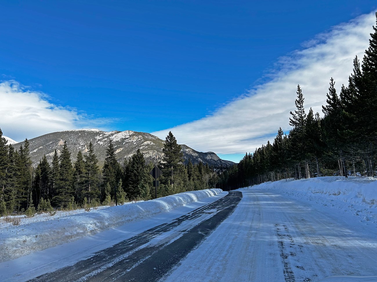 A section of Trail Ridge Road near Hidden Valley is icy with patchy snow