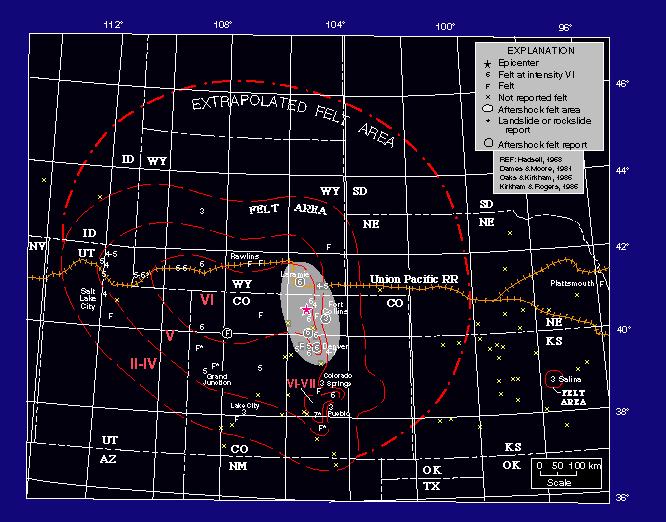 an intensity map and felt area for the 1882 earthquake
