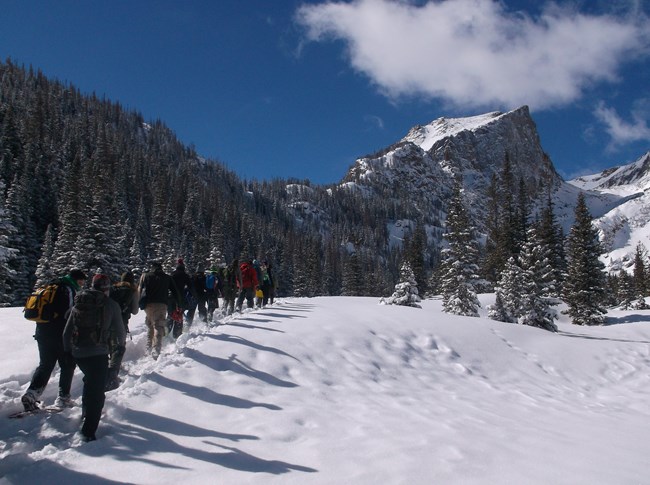 People snowshoe across a snow covered open space with adjacent forests and mountain peaks in the background.