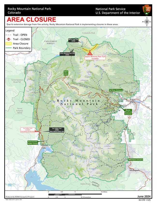 Map of Rocky Mountain National Park showing two areas that are closed
