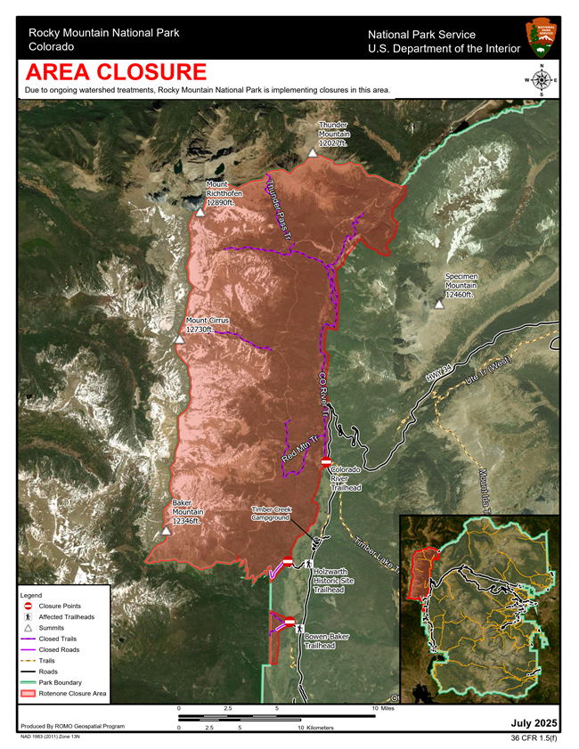 Area Closure Map showing the areas along the Grand Ditch and the Colorado River Trail that will be closed for the Poudre Headwaters Project.