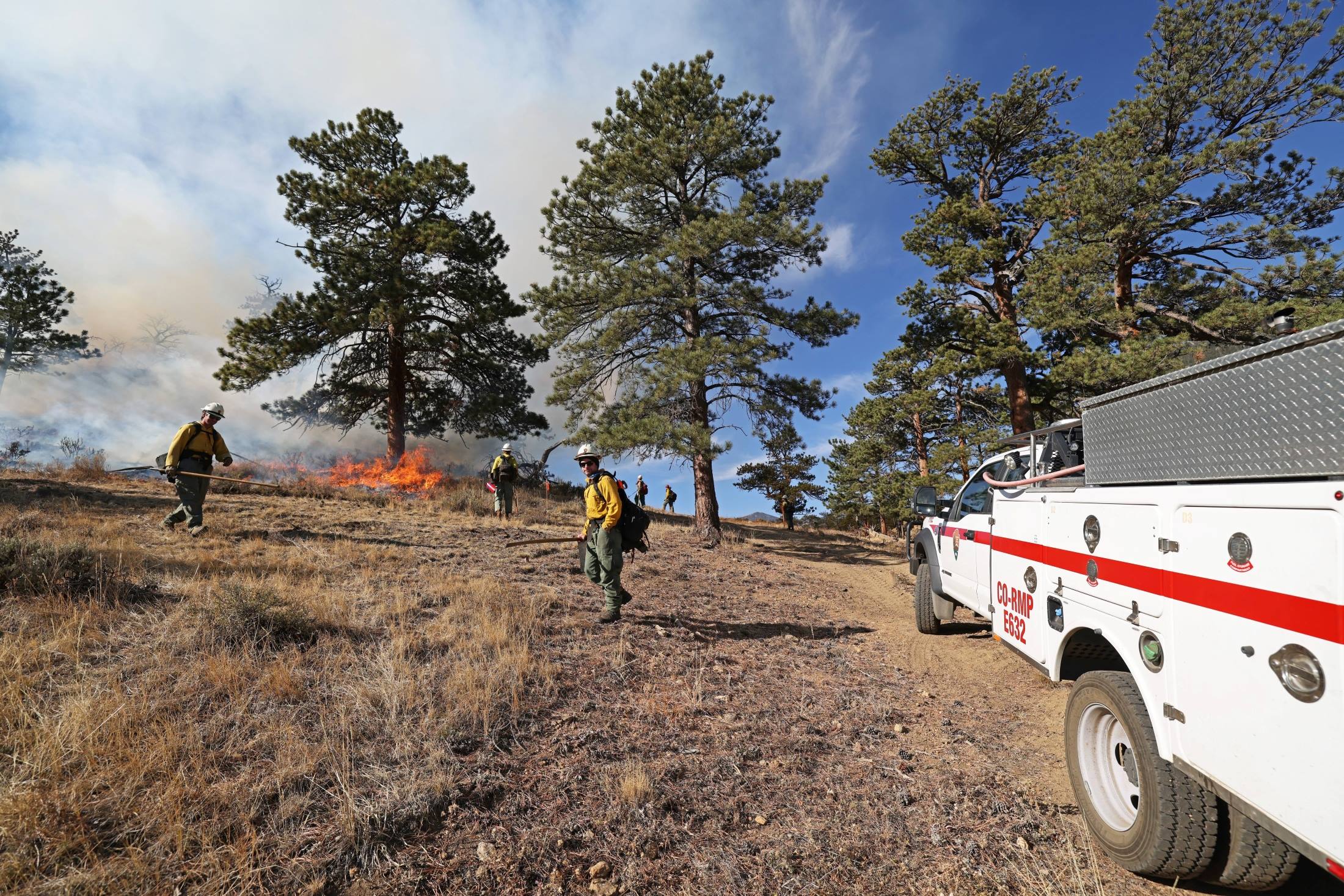 RMNP Firefighters are managing prescribed fire operations. A RMNP fire vehicle is present and a team of firefighters are carrying tools and managing fire on the ground as grasses and shrubs are burned. 