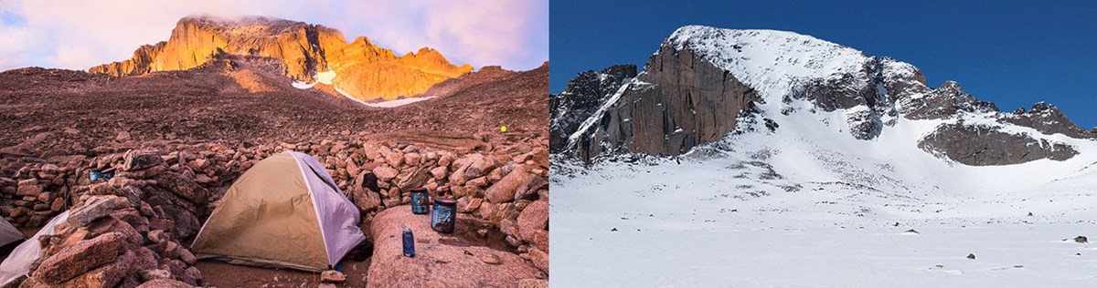 At left, a tent and campsite in rocks with a peak behind. On right, a field of windblown snow below the summit of Longs Peak.