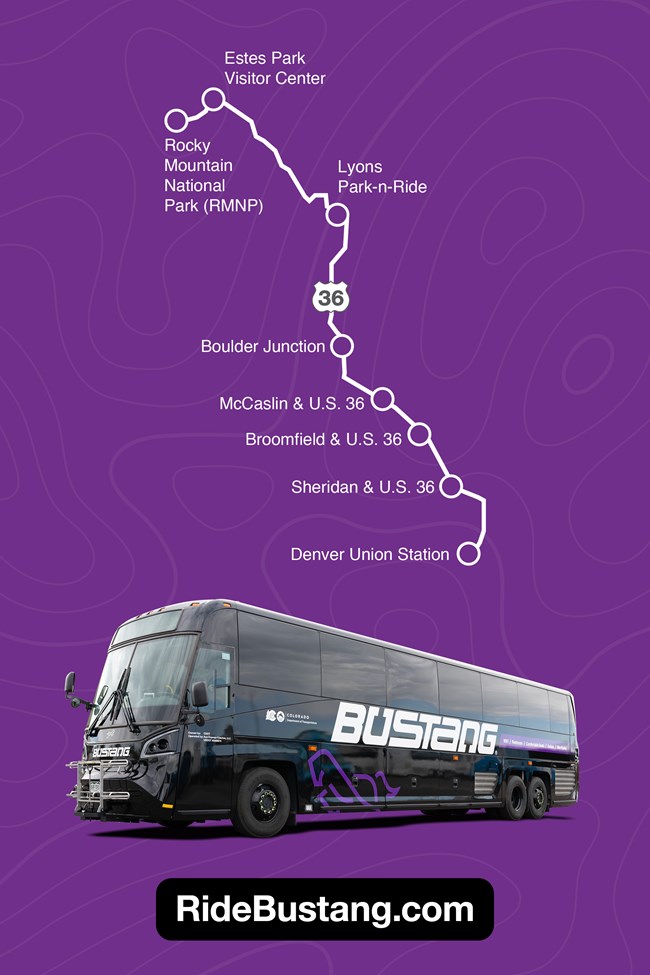 Graphic with a purple background showing the Bustang to Estes bus with a route map from Denver to RMNP