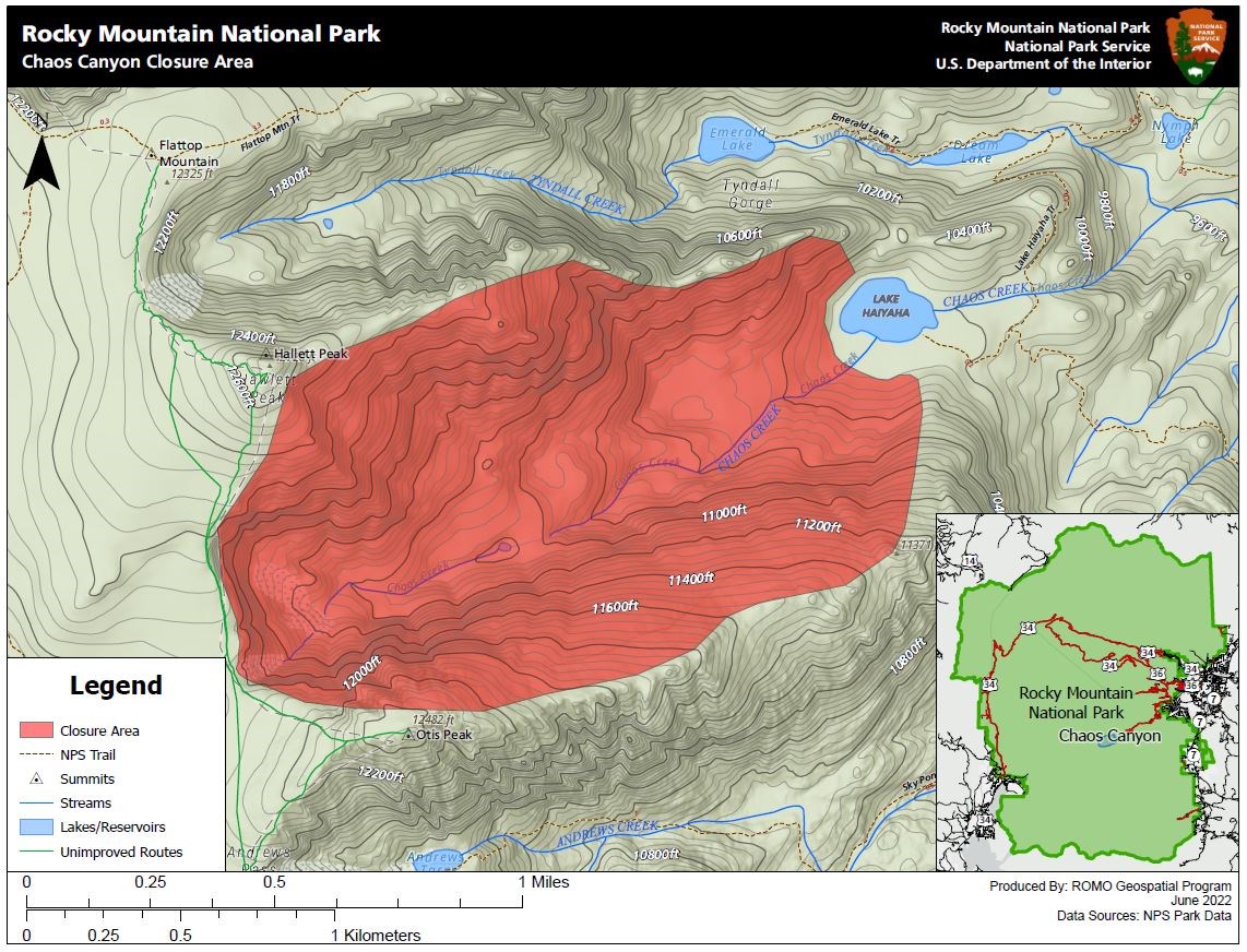 A topographical map showing the closure area in red. In the righthand corner is a map of Rocky Mountain National Park.