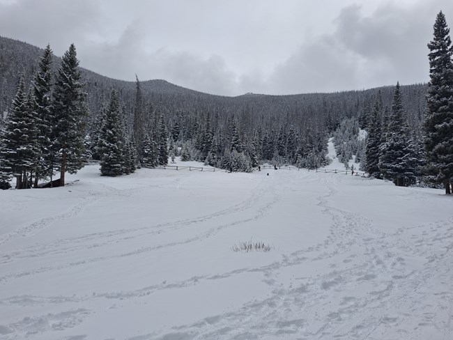 Snow covers the surface of the sledding hill at Hidden Valley on a cloudy day.