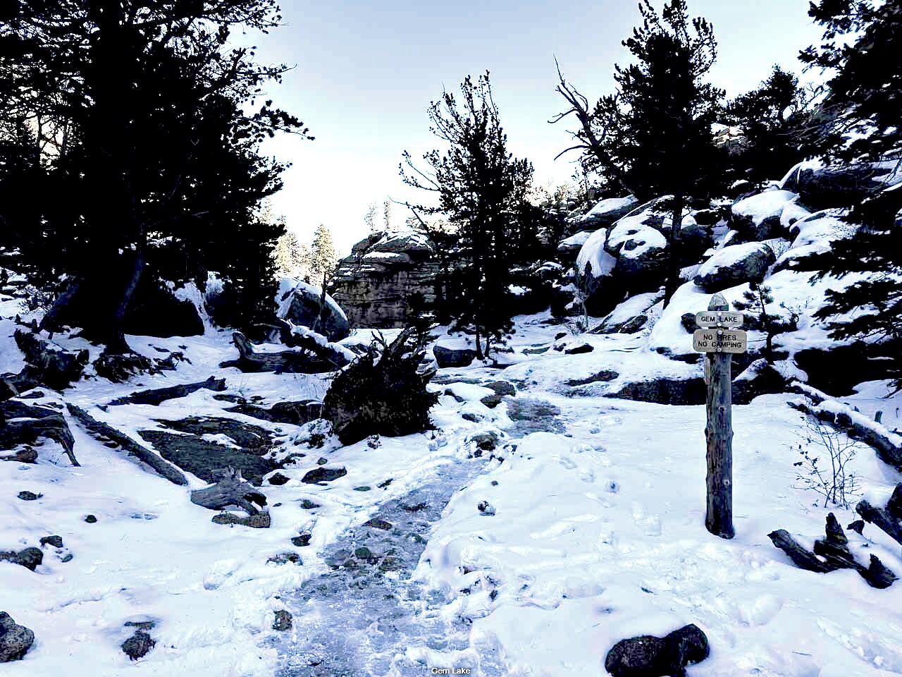 The trail to Gem Lake is covered in ice and snow