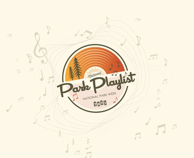 Graphic featuring a circular record surrounded by music notes