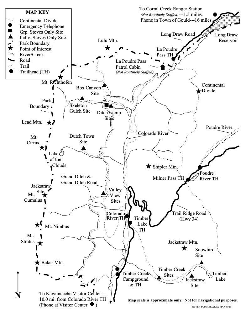 Drawing of Never Summer area map showing location of wilderness campsites