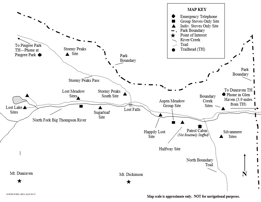Drawing of North Fork Area Map showing location of wilderness campsites