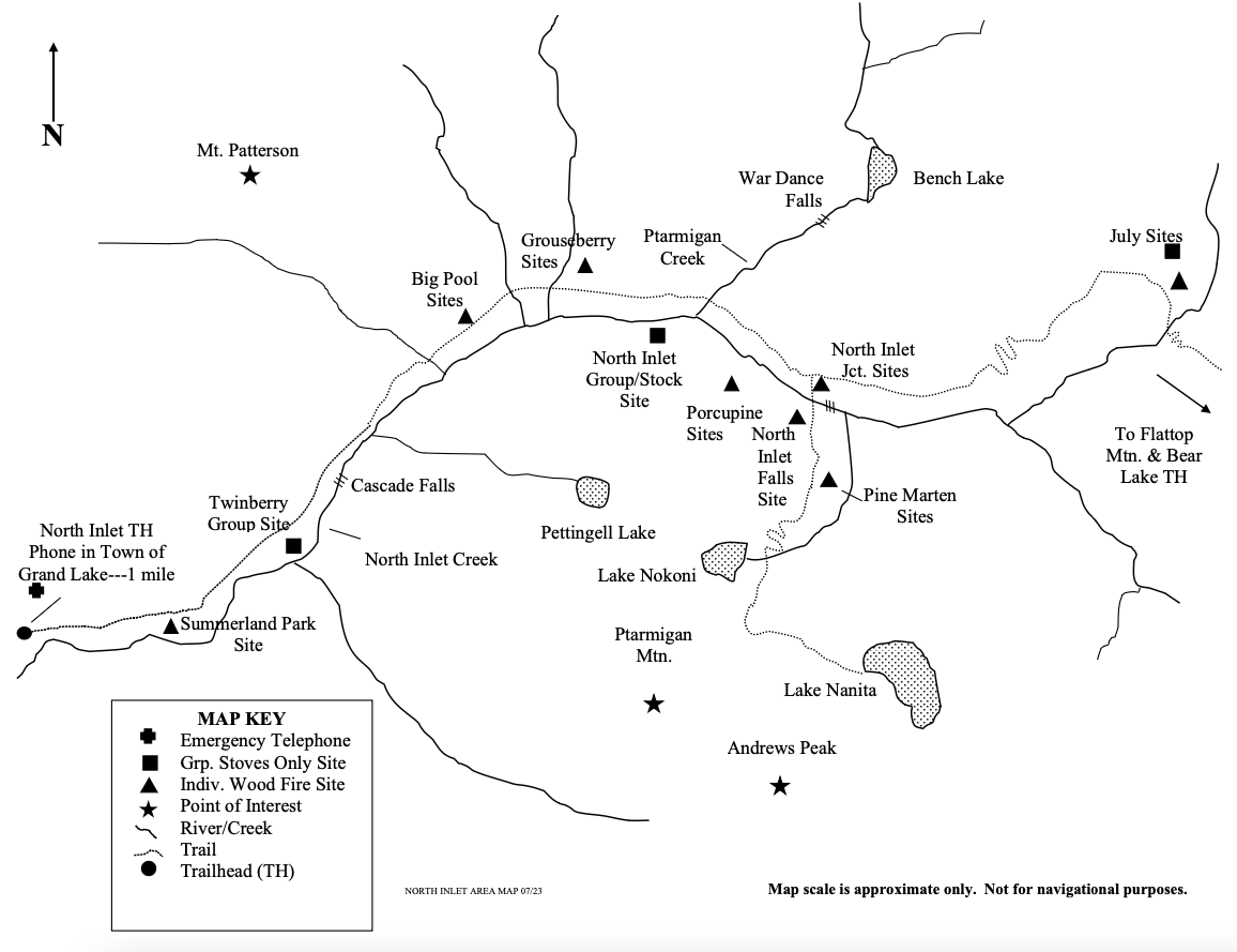 Drawing of North Inlet area map showing location of wilderness campsites