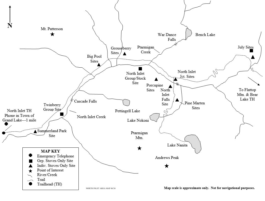 Drawing of North Inlet area map showing location of wilderness campsites