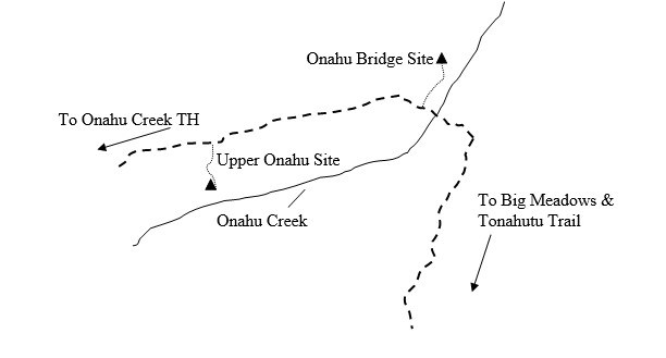 Sketch of Onahu Bridge campsite map showing location of site in relation to trail and water source.