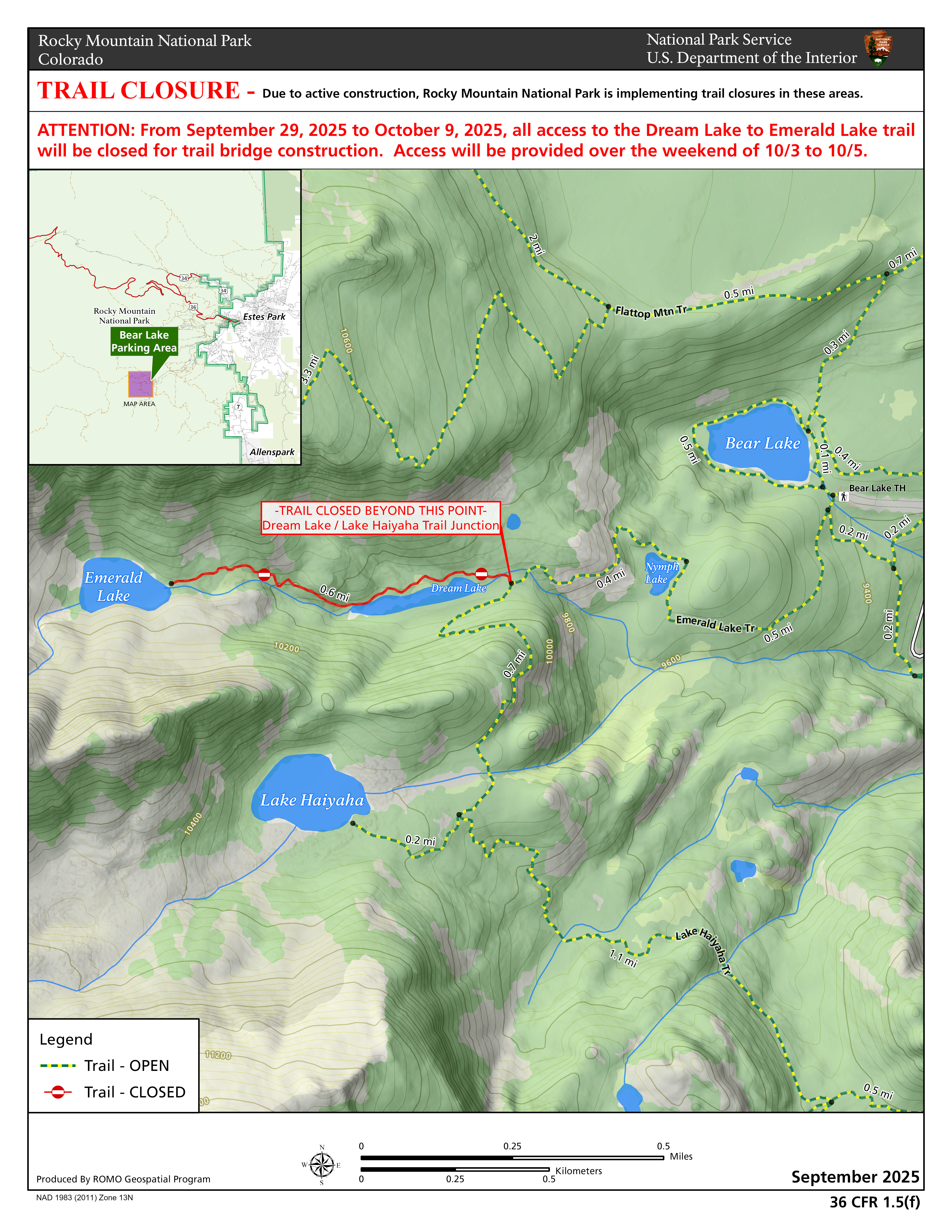 Map of Dream Lake Trail Closure