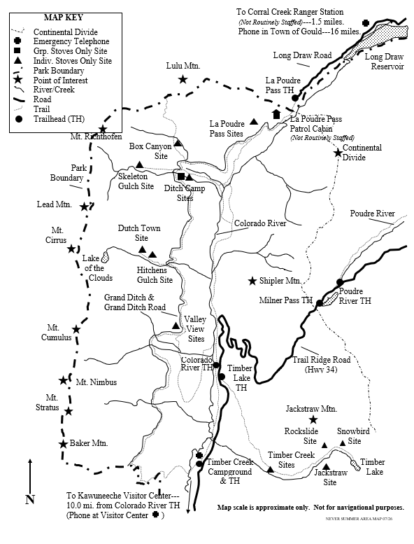 Drawing of Never Summer area map showing location of wilderness campsites