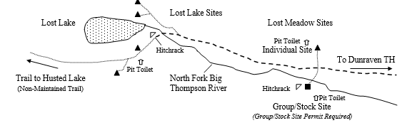 Sketch of campssite map showing location of site and water source in relaltion to trail.