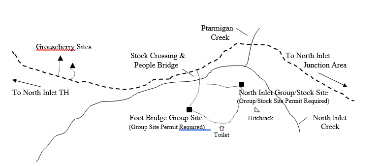 Sketch of campsite map showing location of site and water sources in area.