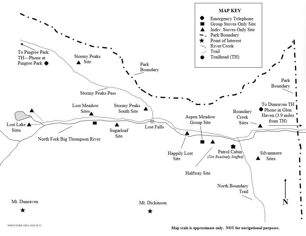 Drawing of North Fork Area Map showing location of wilderness campsites