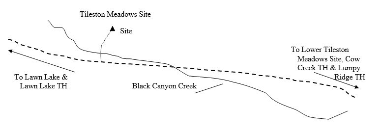 Sketch of Tileston Meadows campsite map showing location of site in relation to trail and water source.
