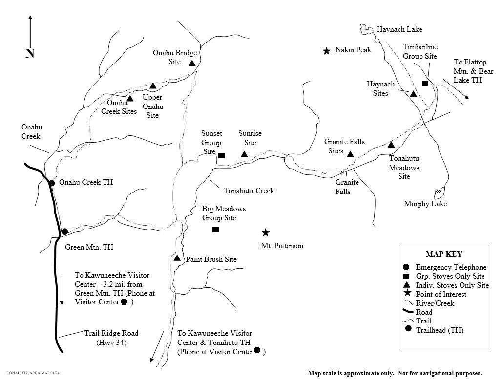 Drawing of Tonahutu area map showing location of wilderness campsites