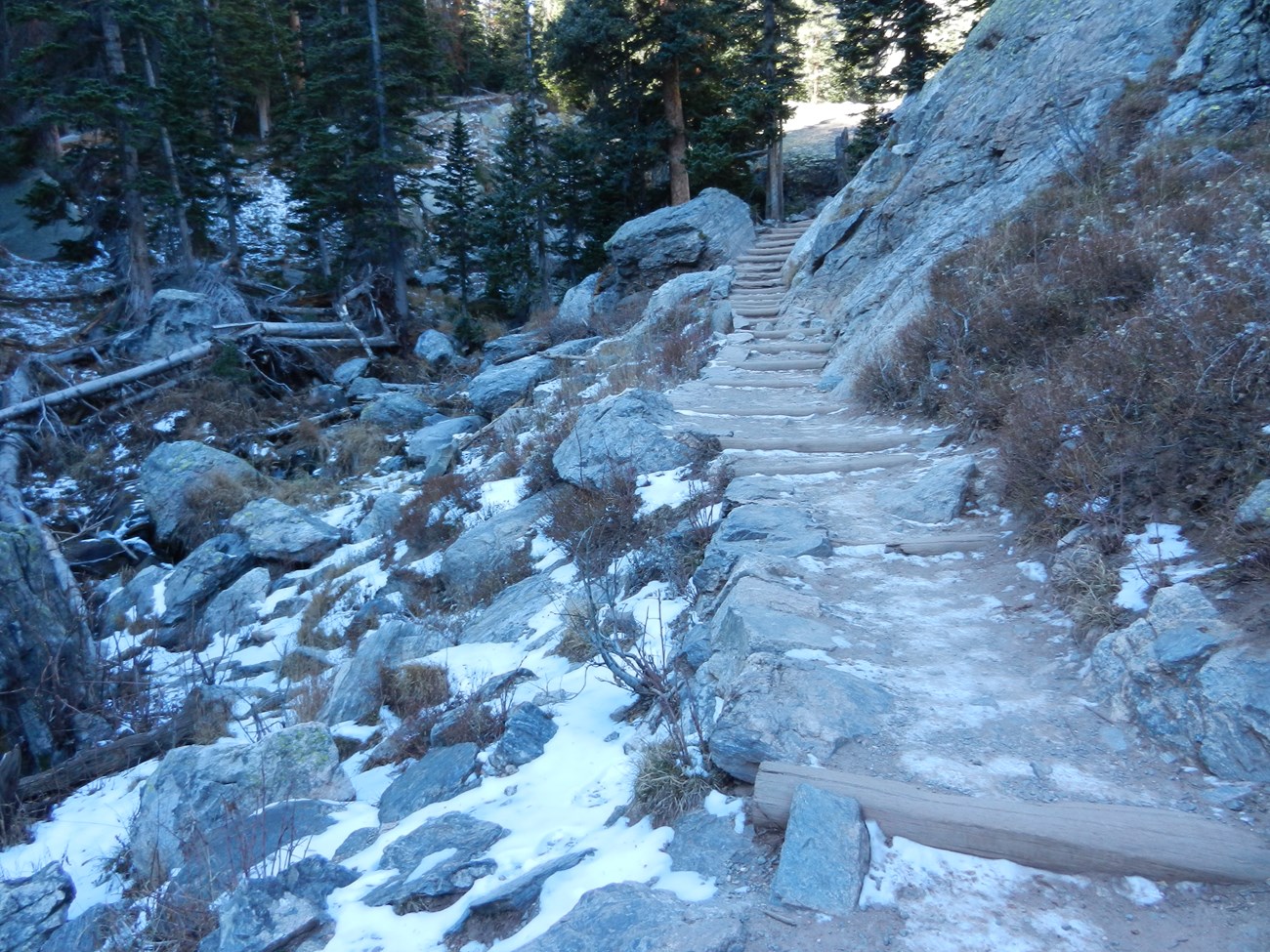 Icy steps and path on the trail from Dream Lake to Emerald Lake, taken on Nov 13 2025