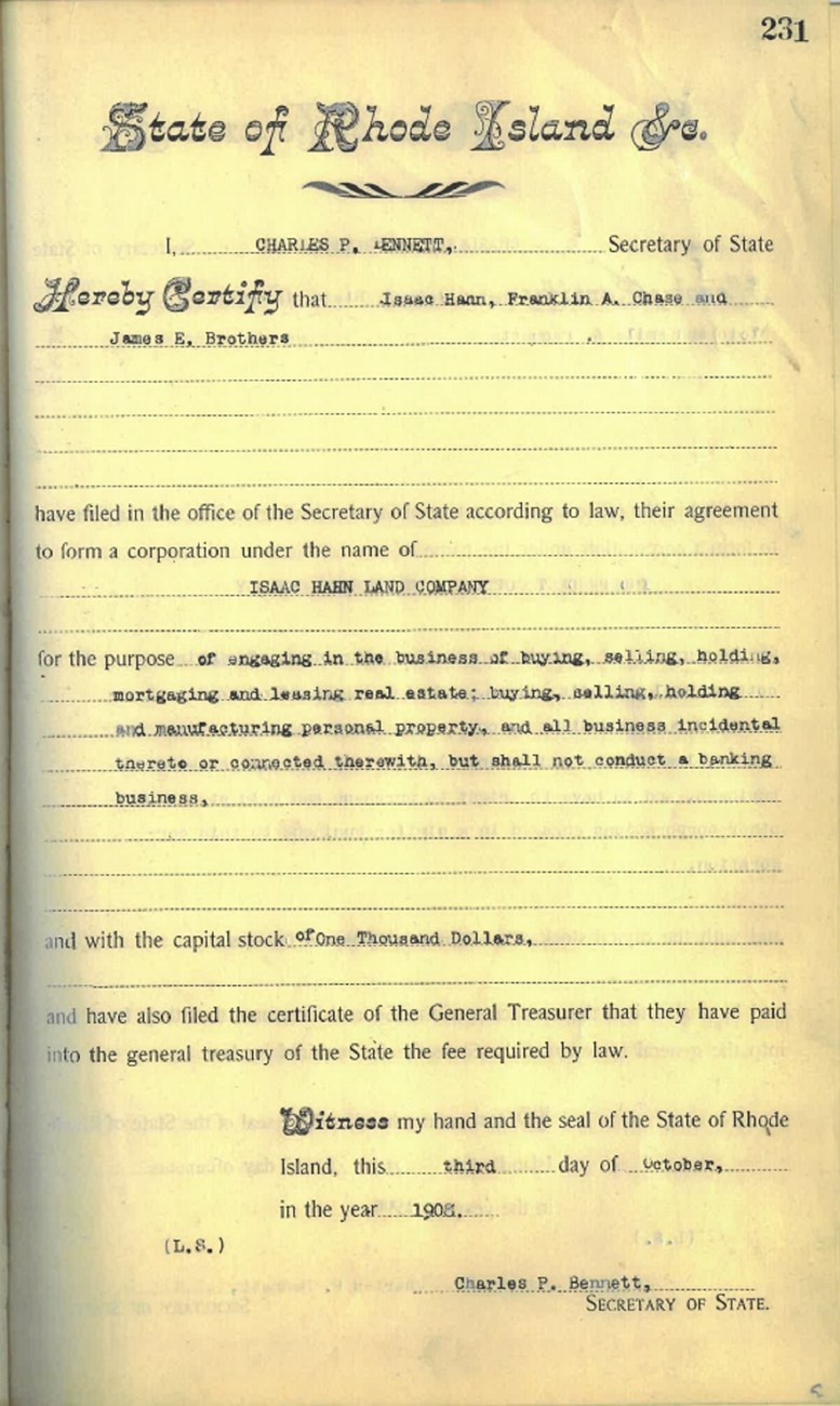 Incorporation document for the Isaac Hahn Land Company