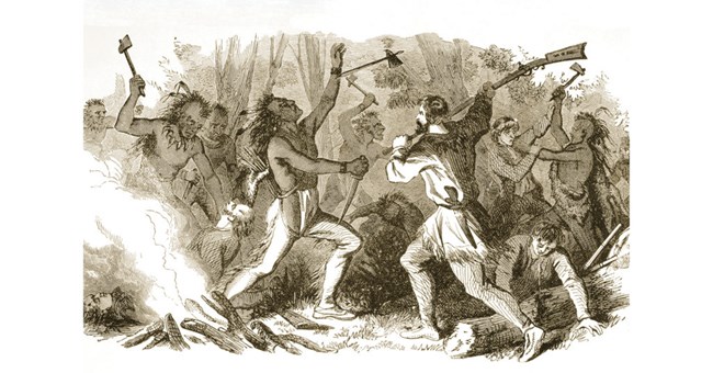 American Indians and English colonists fighting each other with hatchets and muskets