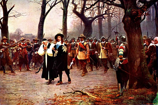 a painting of soldiers leading men through the forest