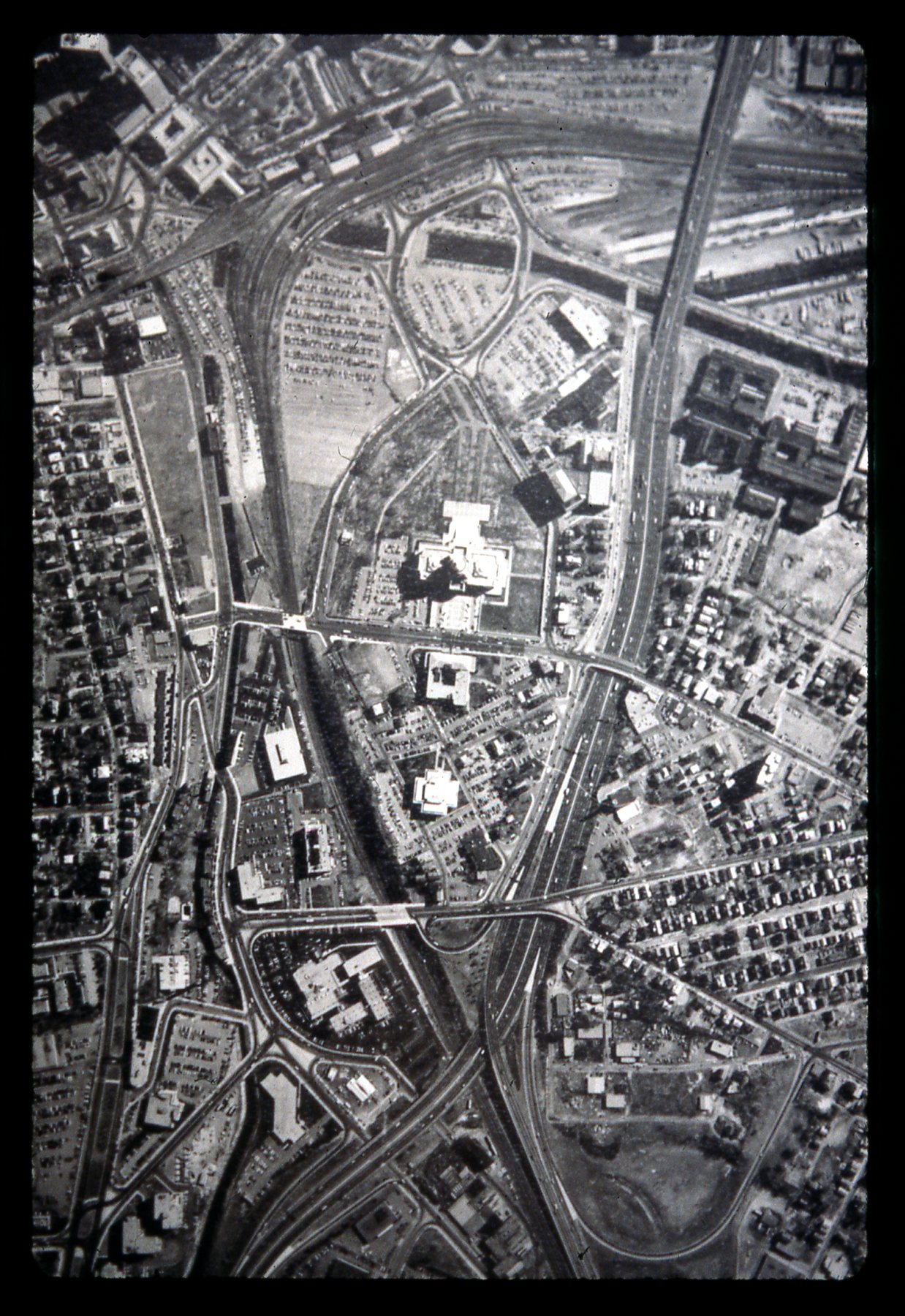 black and white photo looking strait down at the statehouse and surrounding area