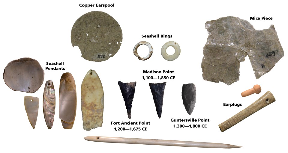 Personal adornments made from seashells, copper, and mica as well as some stone points
