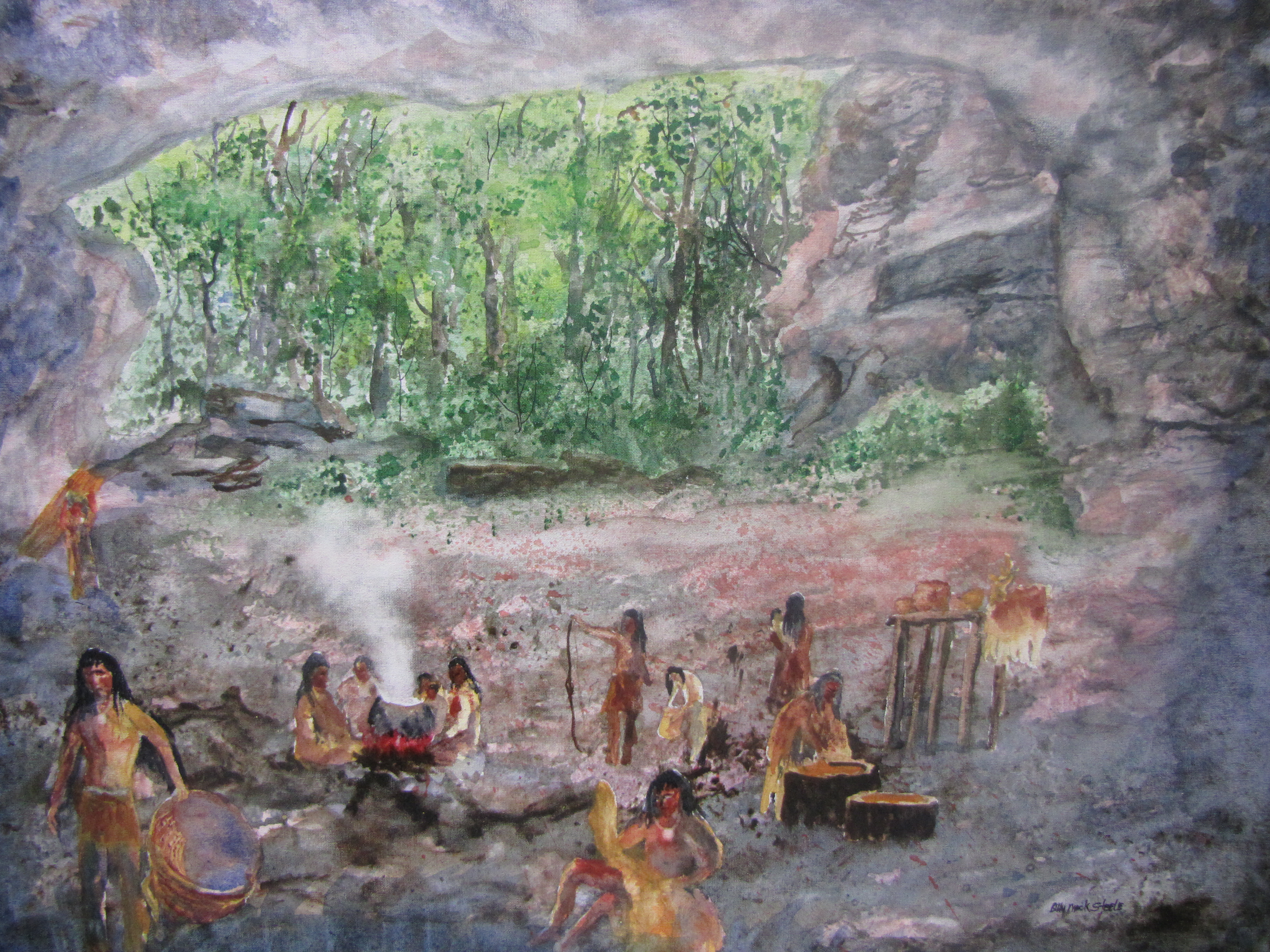 People gathered inside a cave