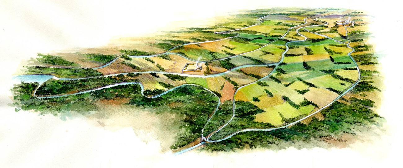 Illustration of acequias through farm fields