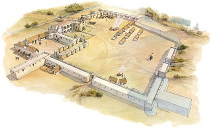 Birds eye sketch of Mission Espada Compound with wall enclosure and several buildings.