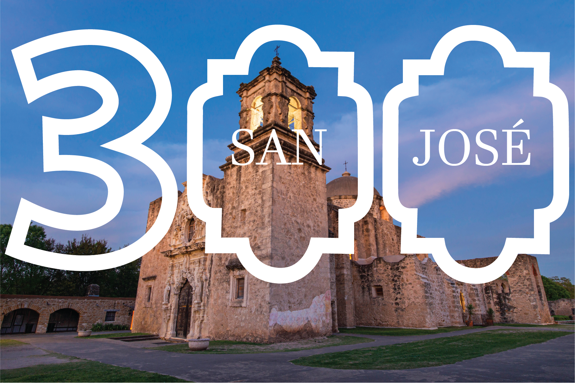 San Jose 300 graphic over an image of Mission San Jose