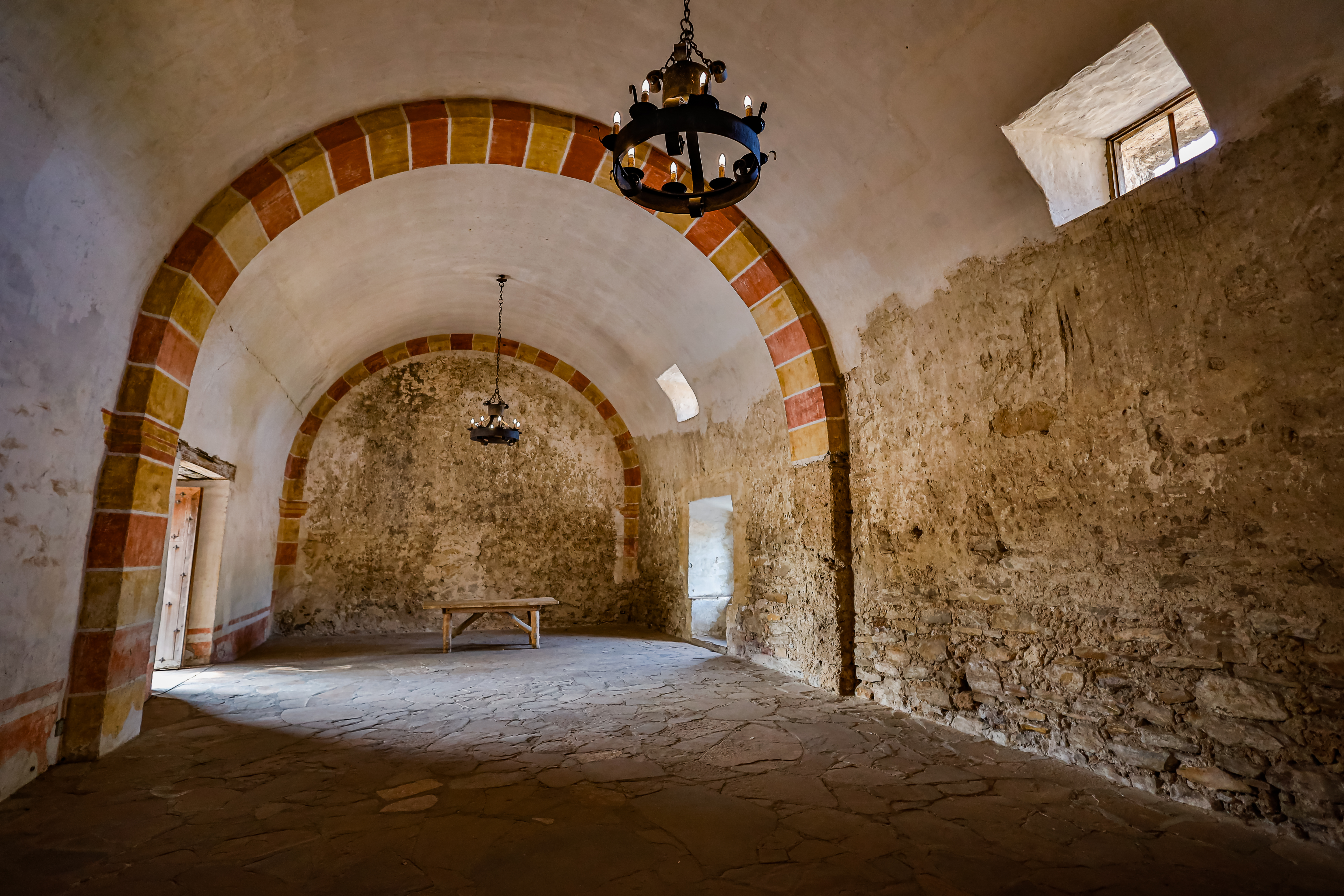 Interior to Granary at mission san jose with arched ceiling