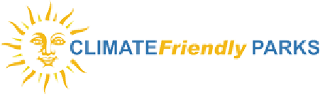 a logo of a sun with a faintly smiling face and text reading "climate friendly parks"