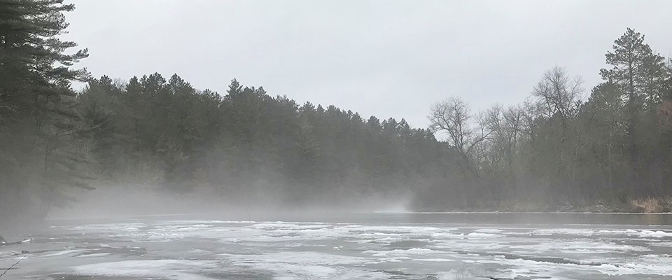 A dark overcast winter day on a river of ice. Towering pine trees outline its edges.