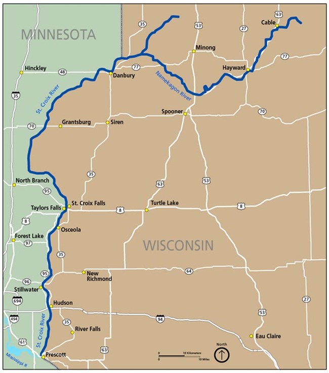 A map of the St. Croix and Namekagon rivers.