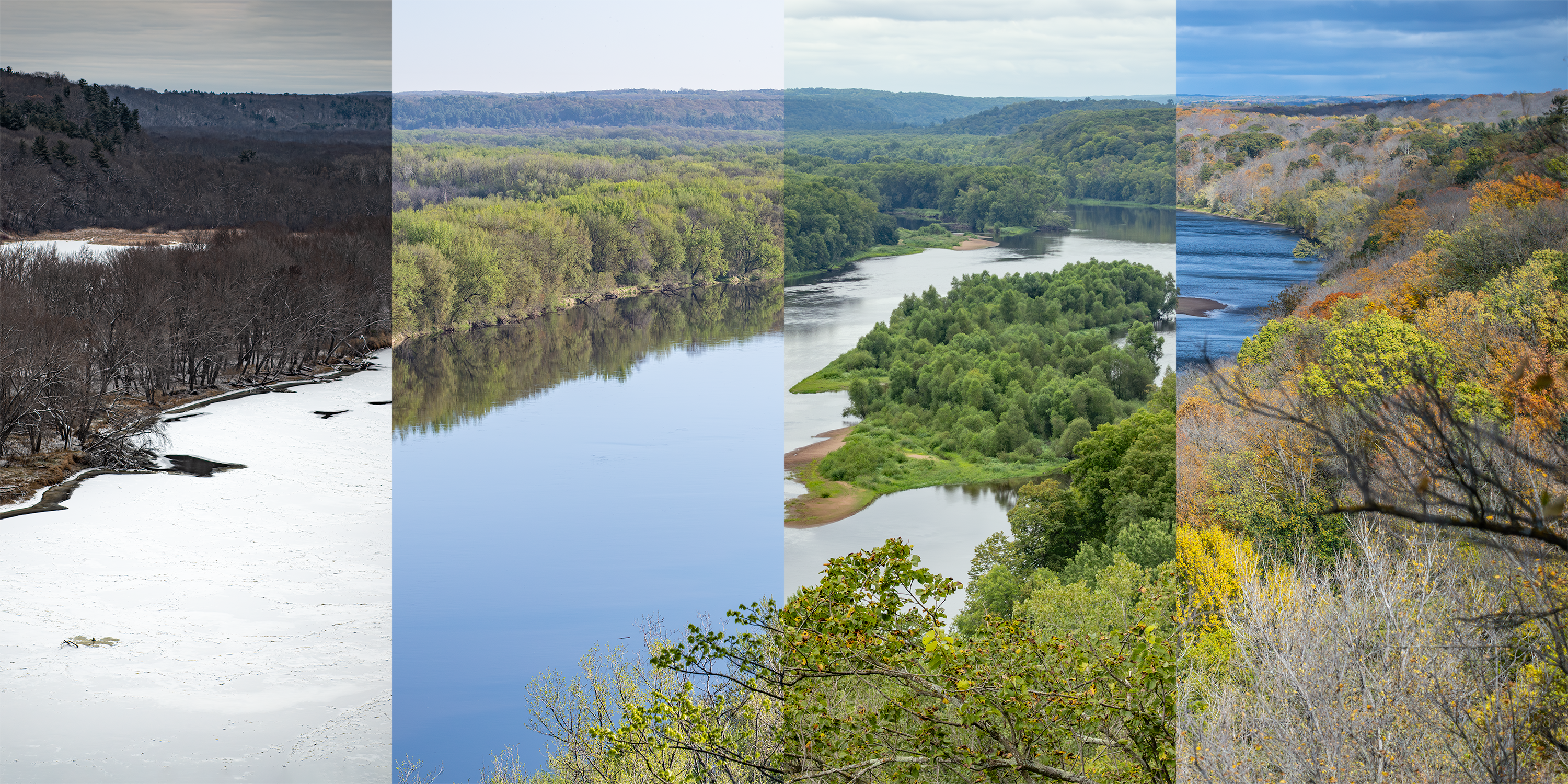 A composite panorama of a scenic river view divided into four section from left to right: winter, spring, summer, and fall.