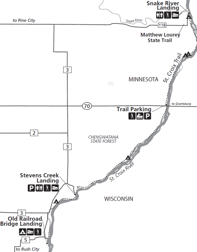 Black and white map of the St. Croix Trail