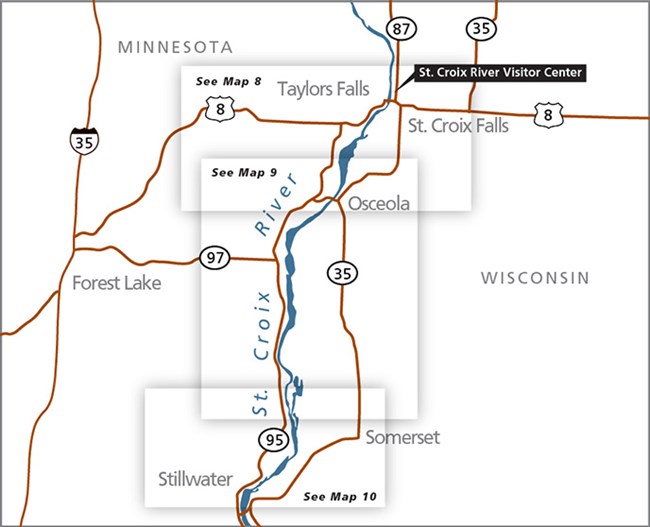 Map of the St. Croix River between Highway 8 and Stillwater, Minnesota.