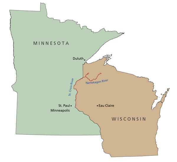 A map shows the location of the St. Croix and Namekagon rivers in Wisconsin and Minnesota.