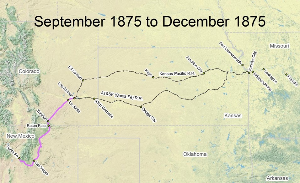 map of Santa Fe Trail route from September 1875 to December 1875