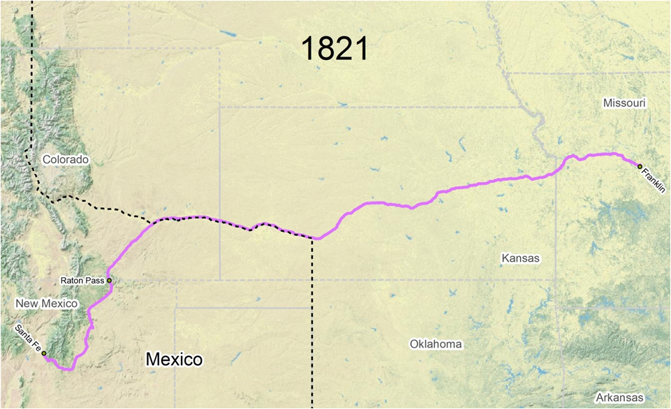 map of Santa Fe Trail route in 1821