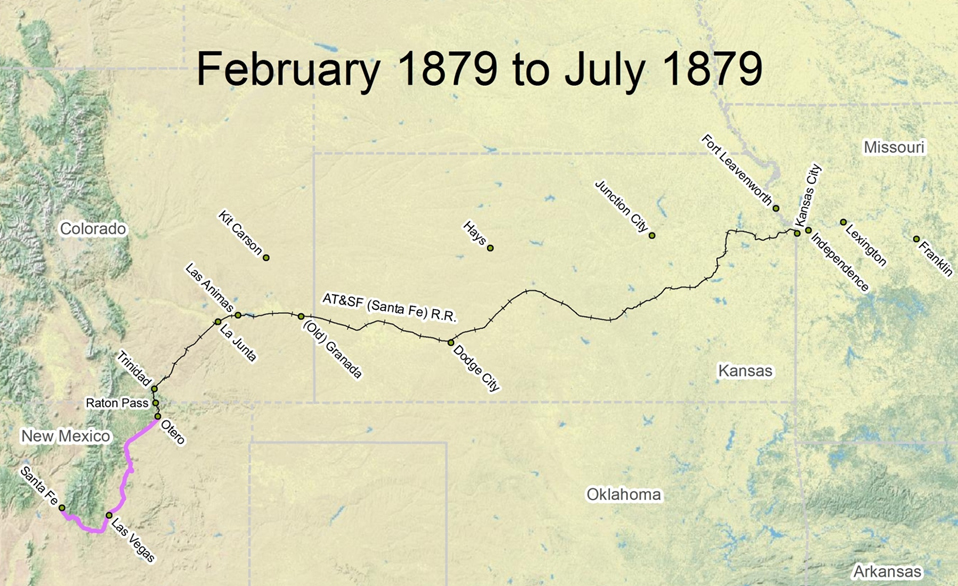 map of Santa Fe Trail route from February 1879 to July 1879