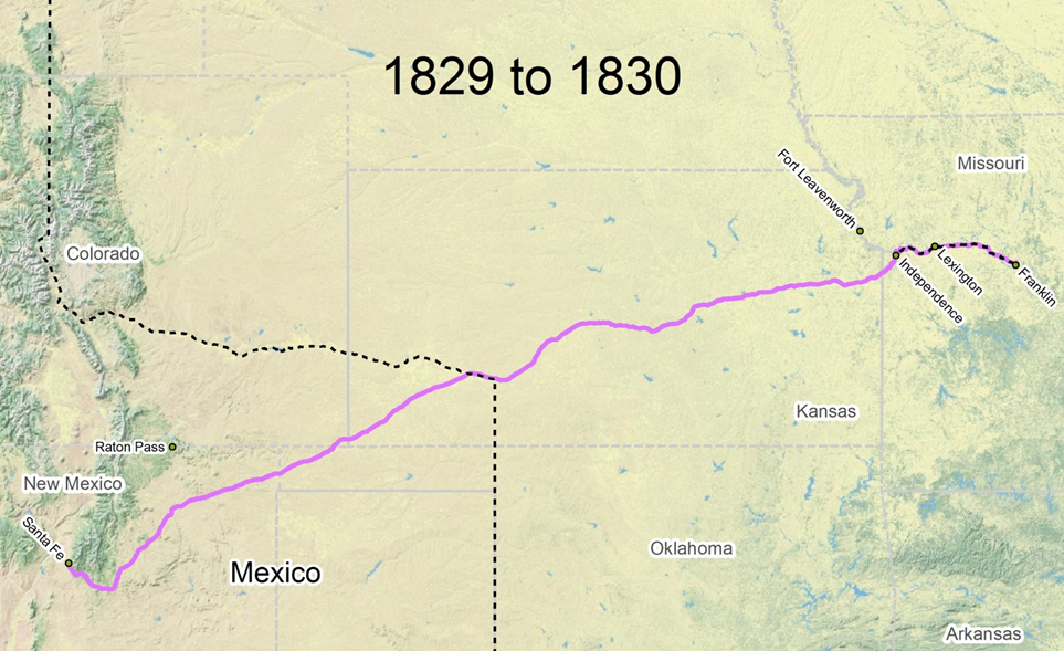 map of Santa Fe Trail route from 1829 to 1830